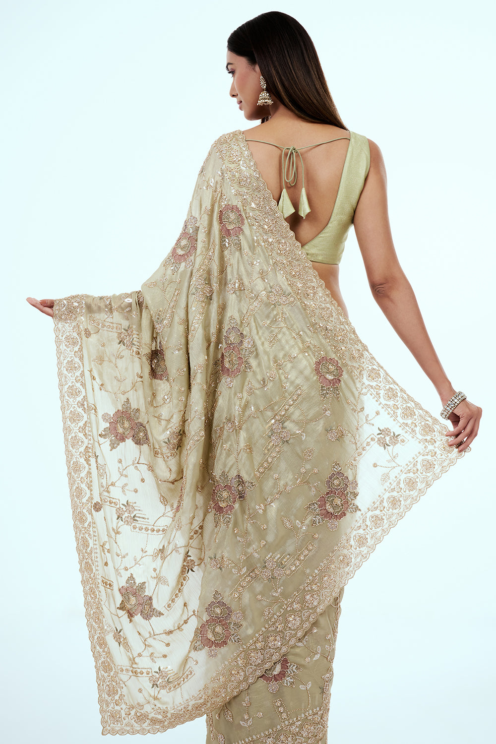 Mint Green Shimmer Tissue Saree with Bead Work