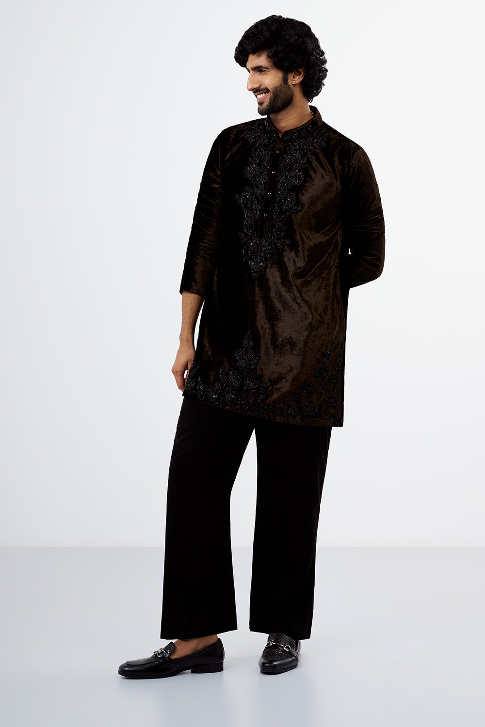Mocha Brown Velvet Embellished Men's Kurta Set
