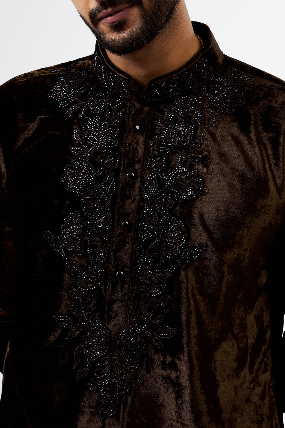 Mocha Brown Velvet Embellished Men's Kurta Set