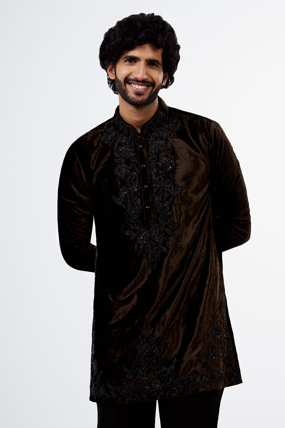 Mocha Brown Velvet Embellished Men's Kurta Set