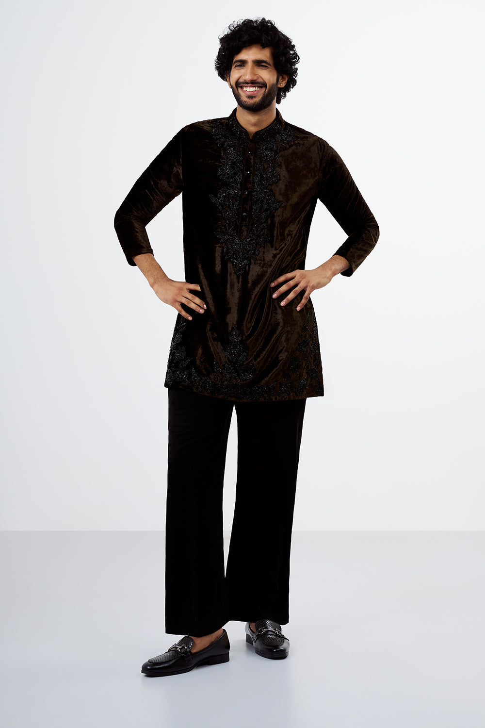 Mocha Brown Velvet Embellished Men's Kurta Set