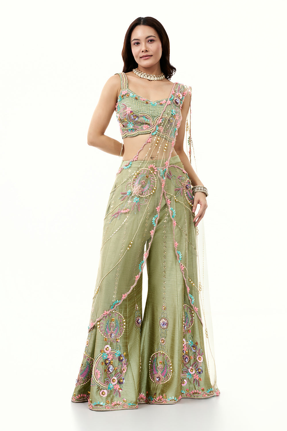 Moss Green Raw Silk Set with 3D Floral Work