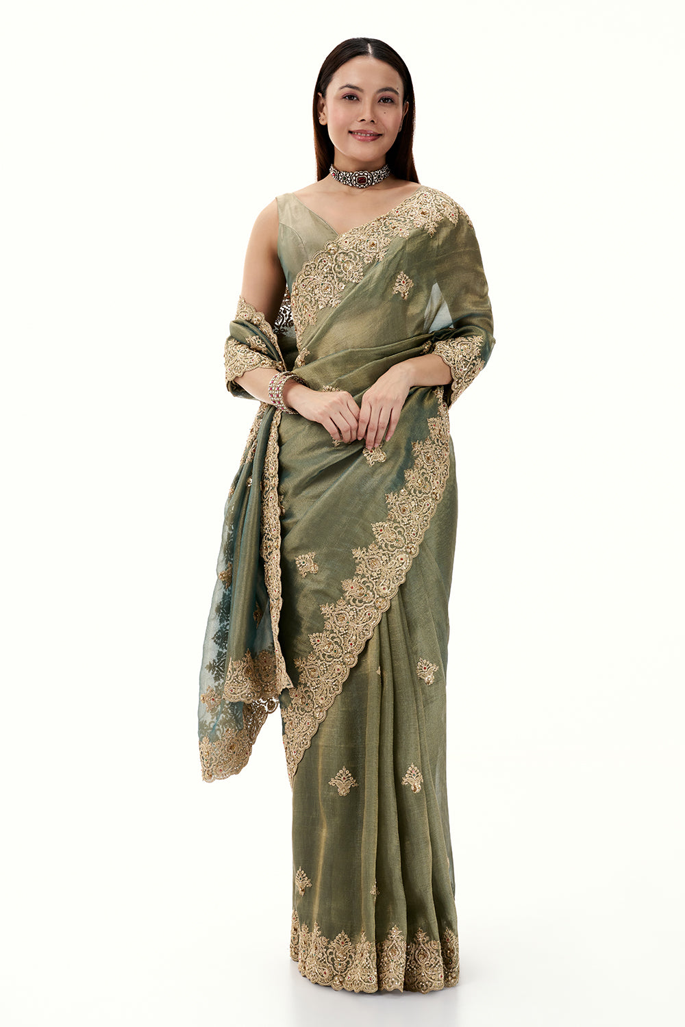 Moss Green Tissue Brocade Saree with Zari and Sequin Work