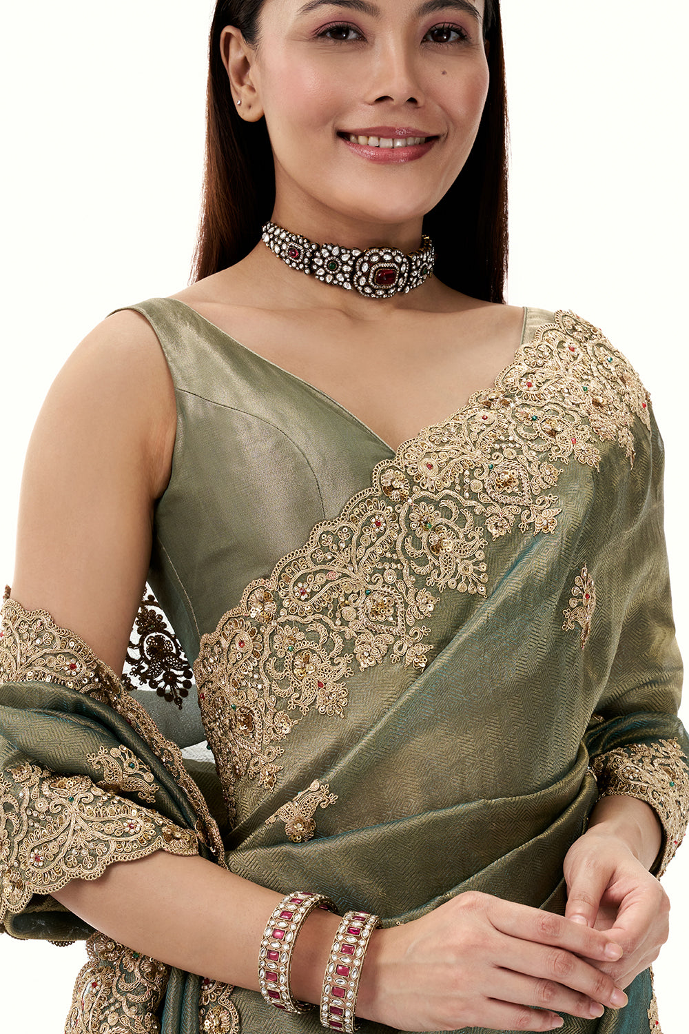 Moss Green Tissue Brocade Saree with Zari and Sequin Work