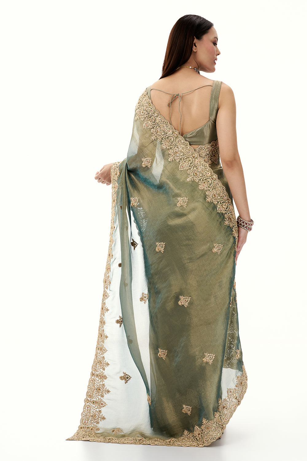 Moss Green Tissue Brocade Saree with Zari and Sequin Work