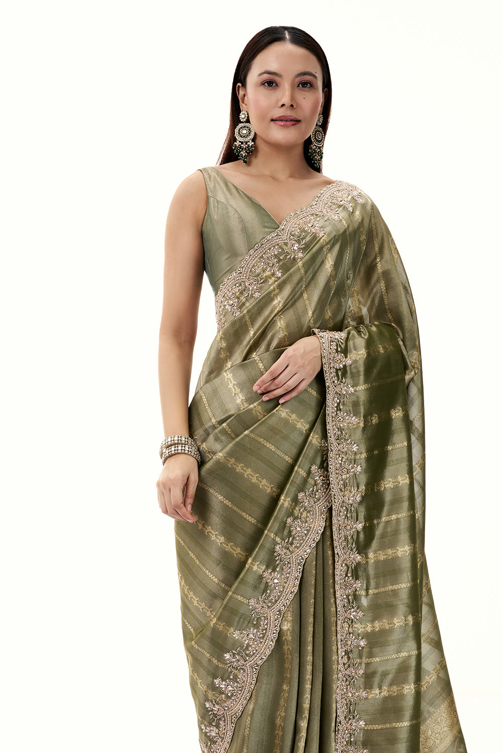 Moss Green Tissue Brocade Saree woth Zari and Bead Work