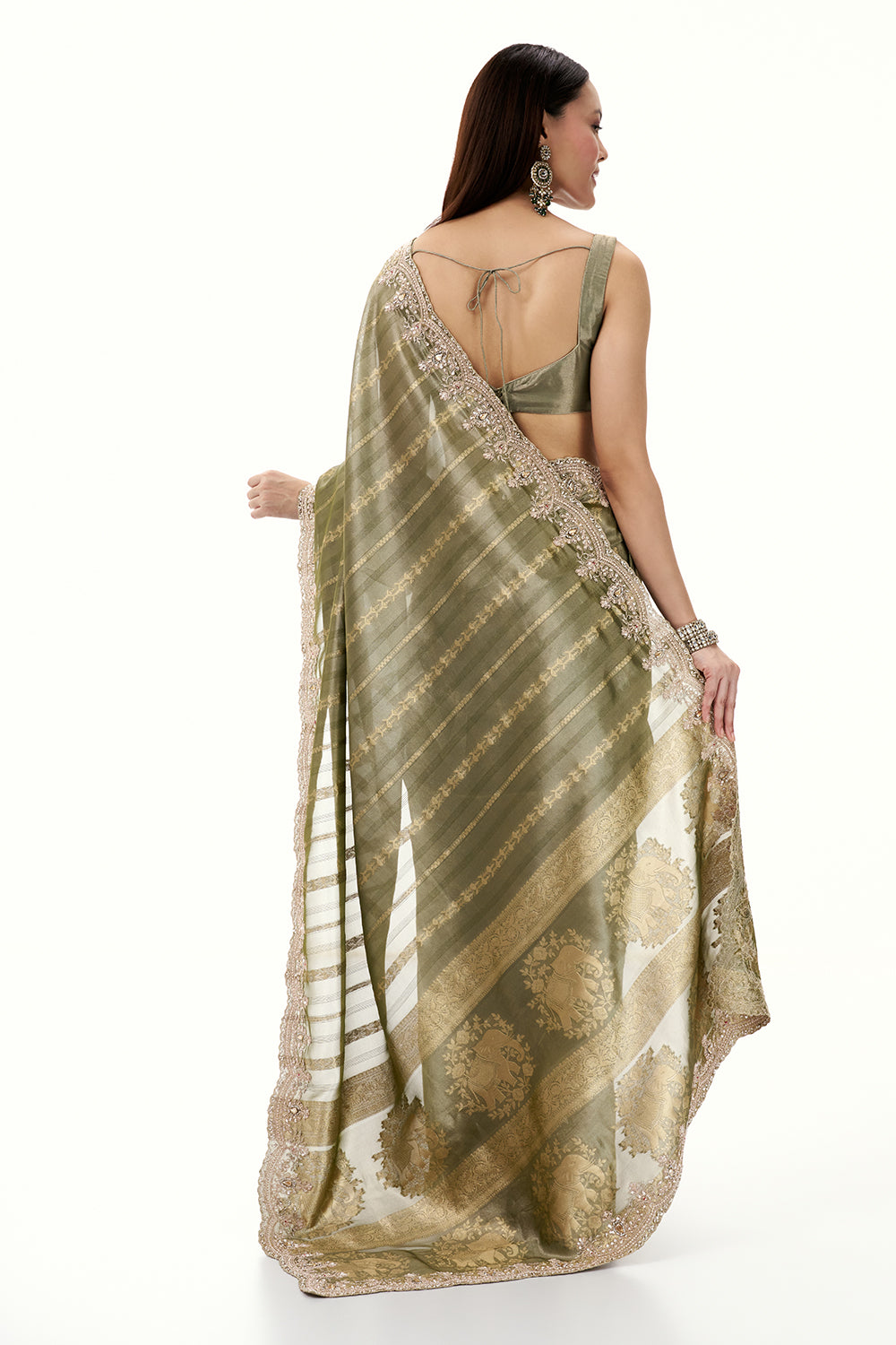 Moss Green Tissue Brocade Saree woth Zari and Bead Work