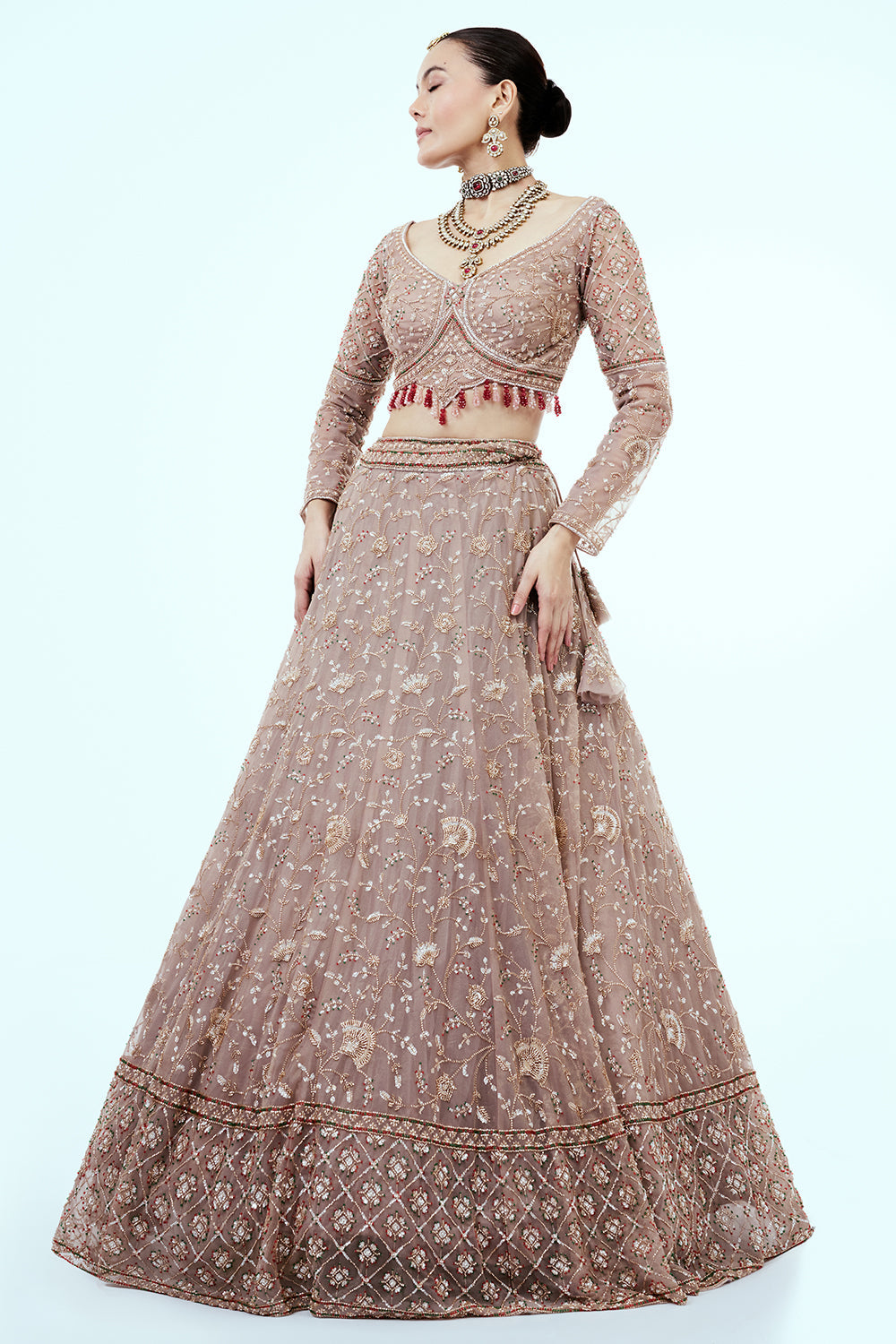Mousse Brown Hand Embroidered Net Lehenga with Cutdana Work