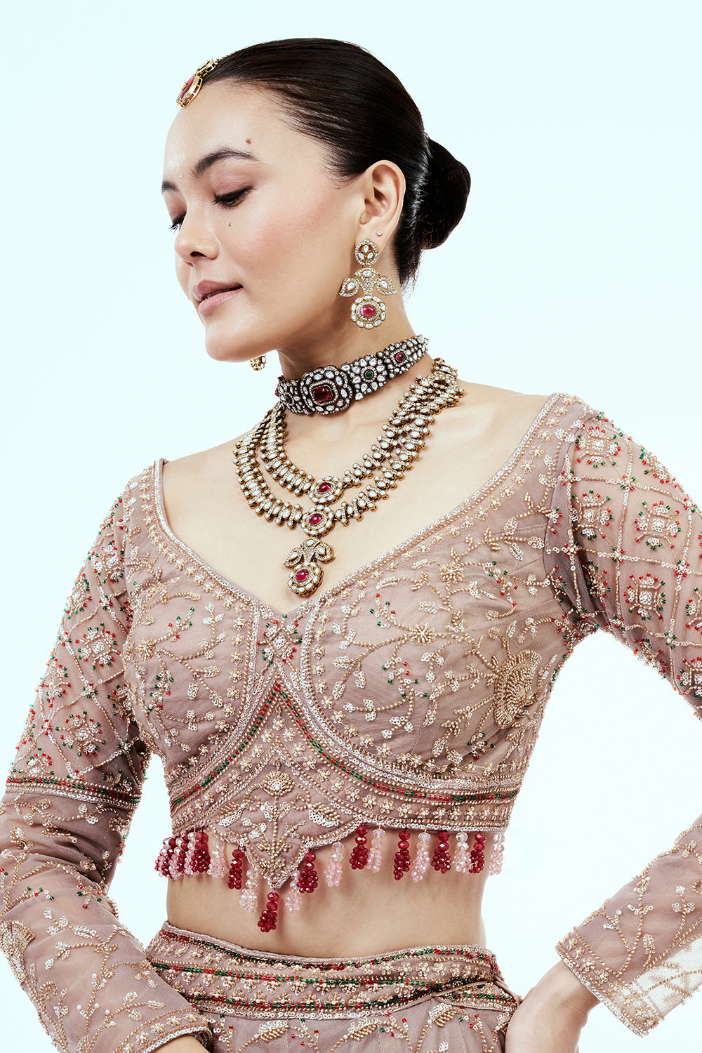 Mousse Brown Hand Embroidered Net Lehenga with Cutdana Work