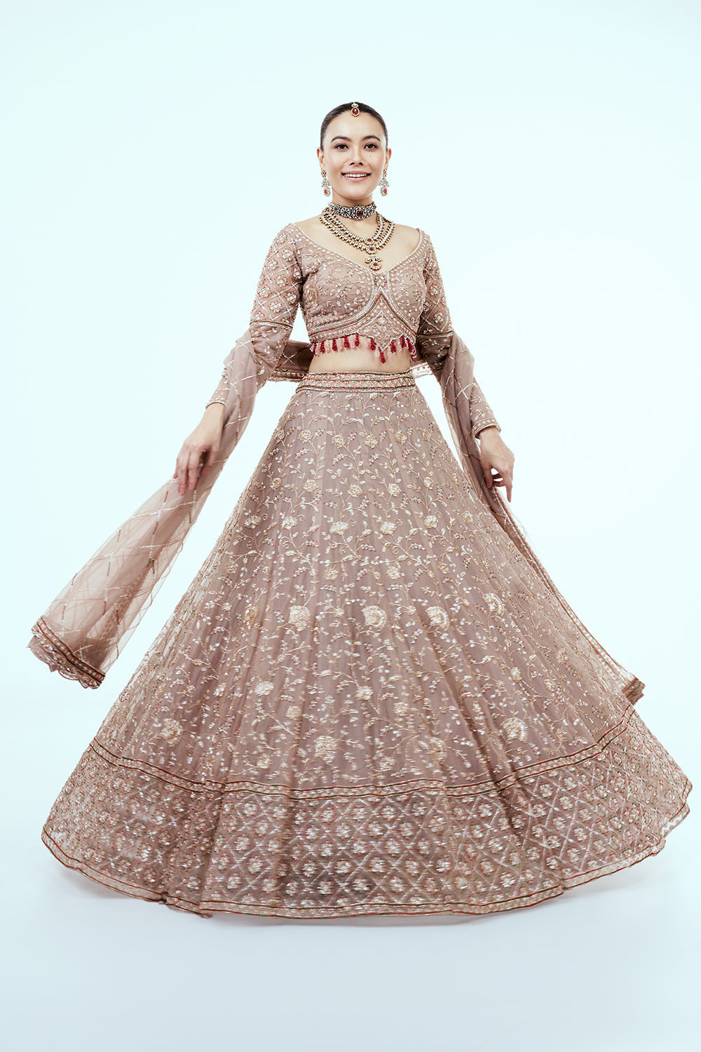 Mousse Brown Hand Embroidered Net Lehenga with Cutdana Work