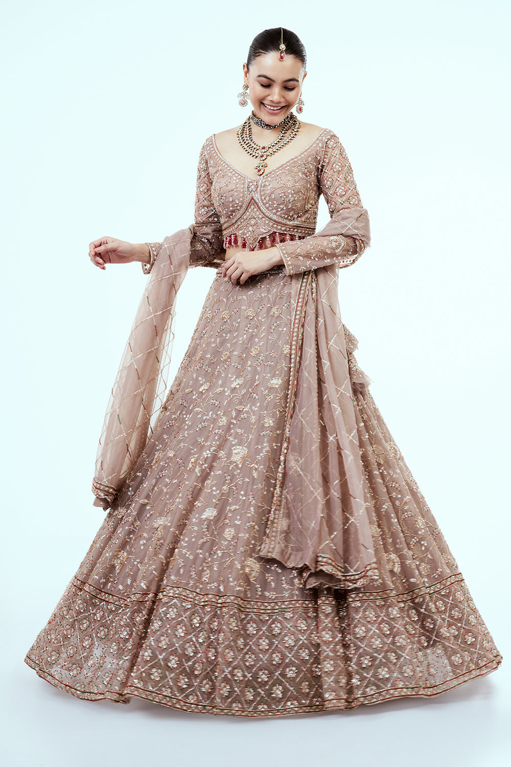 Mousse Brown Hand Embroidered Net Lehenga with Cutdana Work