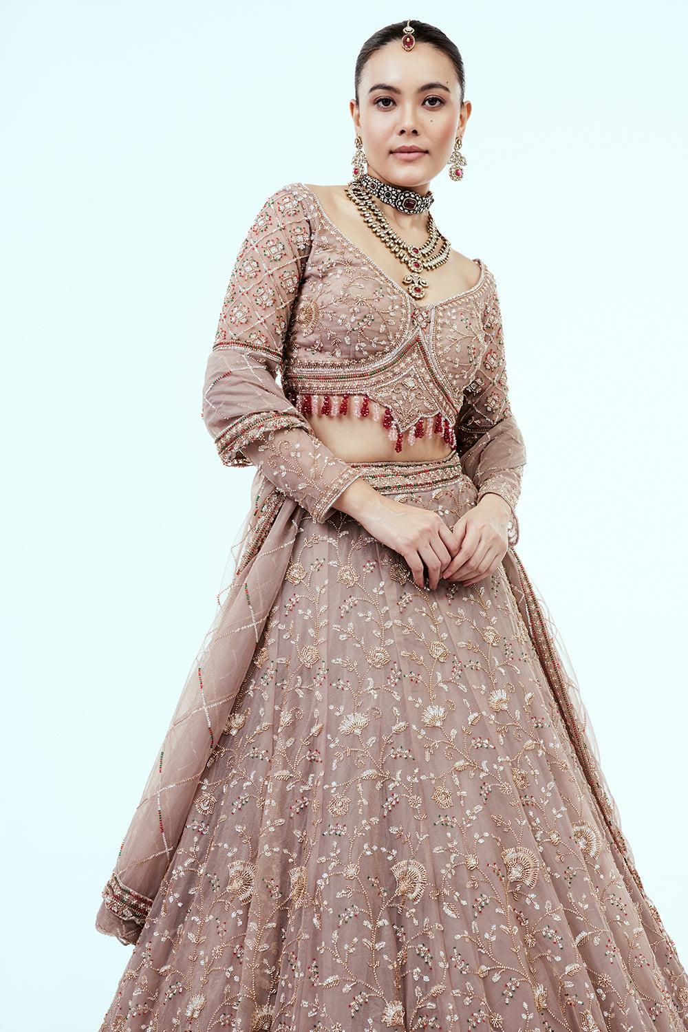 Mousse Brown Hand Embroidered Net Lehenga with Cutdana Work