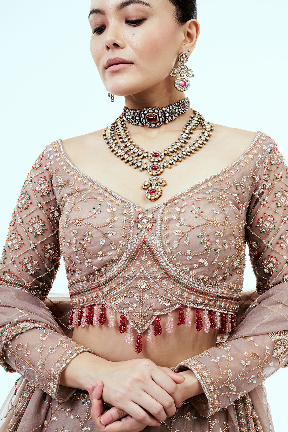 Mousse Brown Hand Embroidered Net Lehenga with Cutdana Work