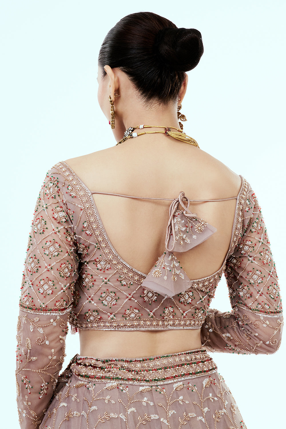 Mousse Brown Hand Embroidered Net Lehenga with Cutdana Work