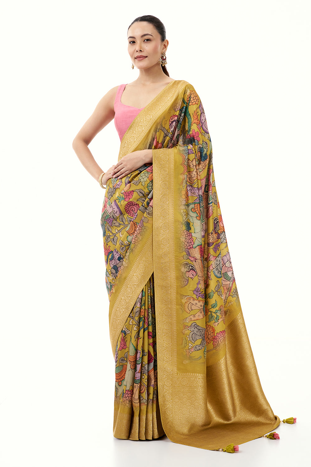 Multicolor Brocade Silk Saree with Madhubani Inspired Print