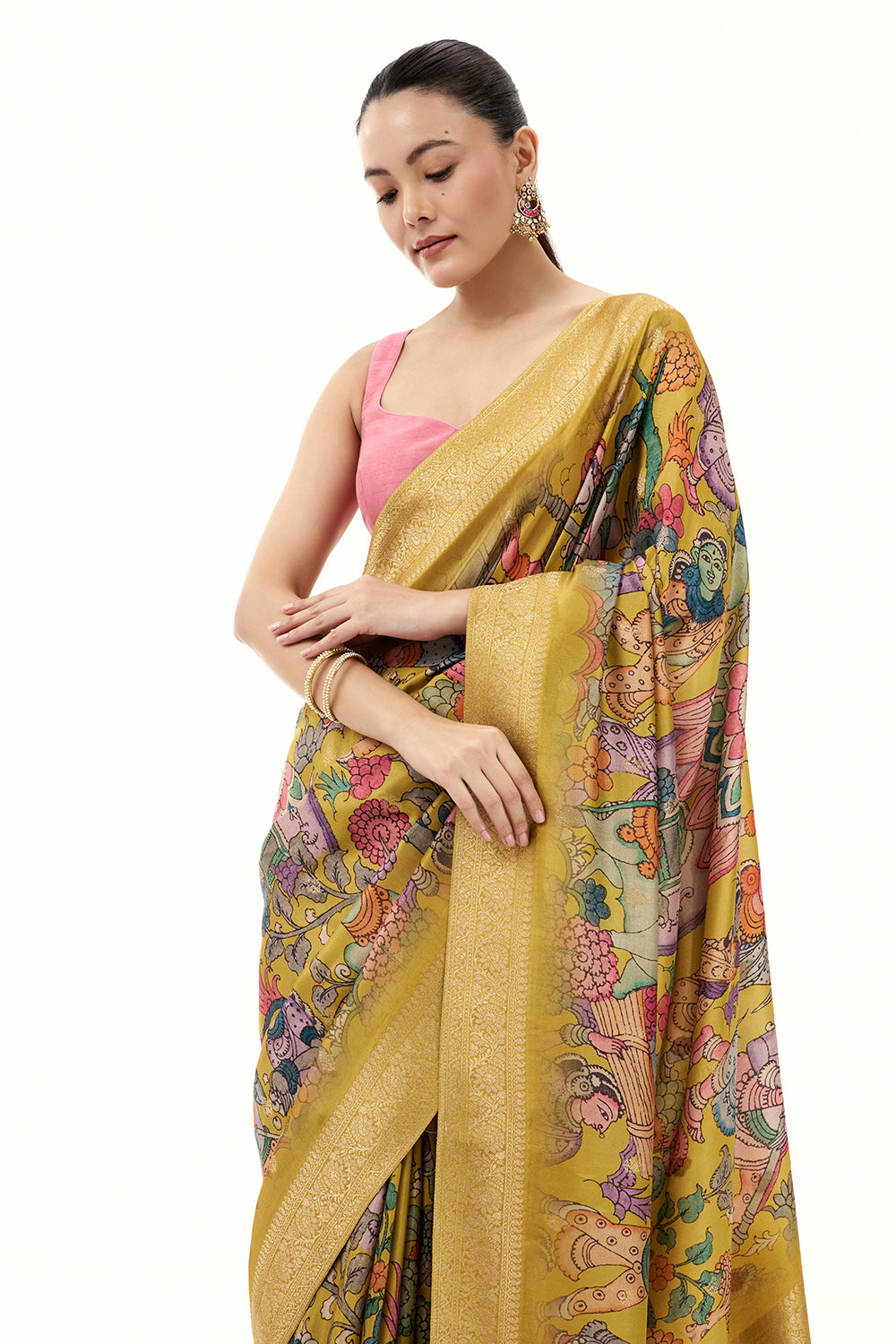 Multicolor Brocade Silk Saree with Madhubani Inspired Print