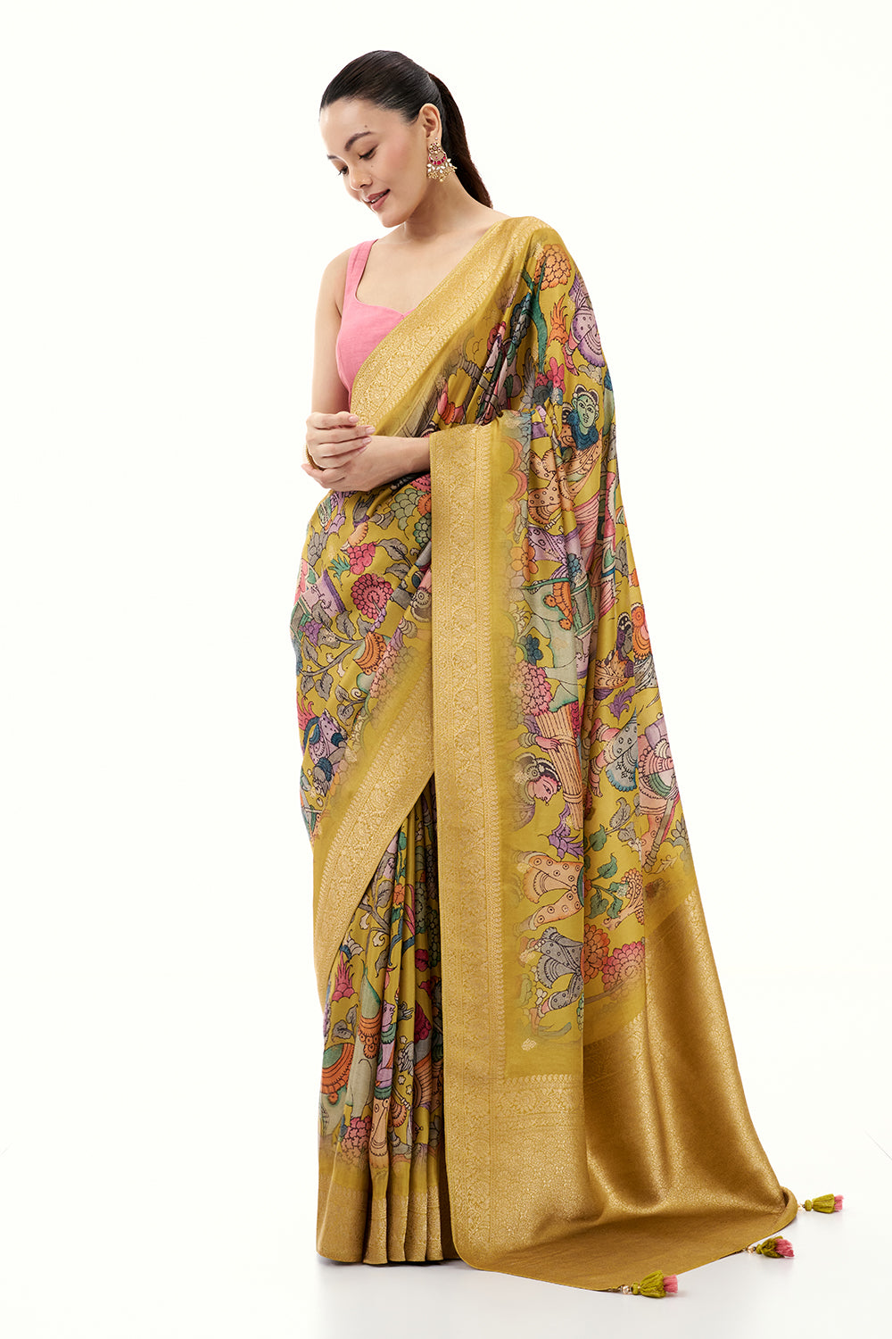 Multicolor Brocade Silk Saree with Madhubani Inspired Print