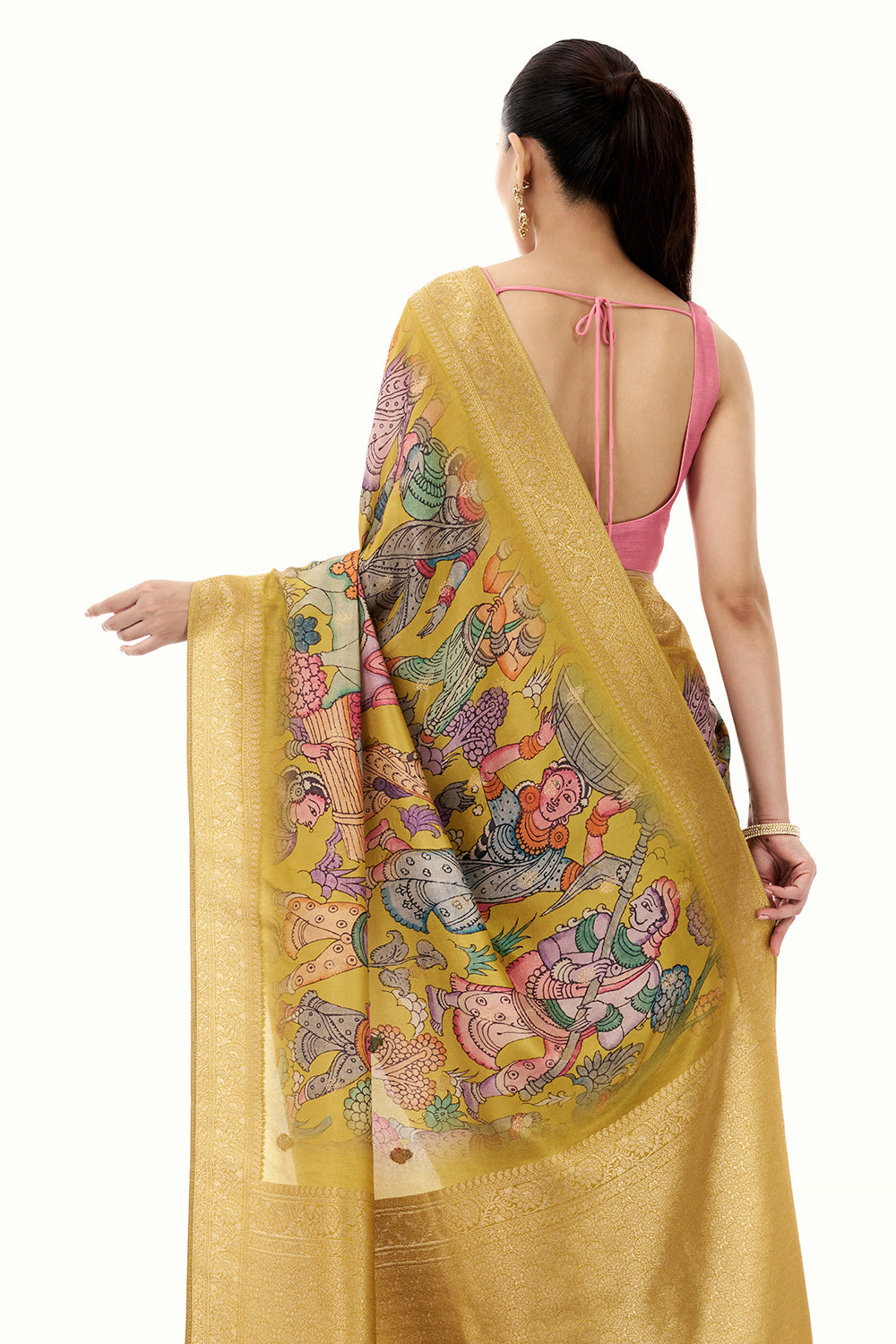 Multicolor Brocade Silk Saree with Madhubani Inspired Print