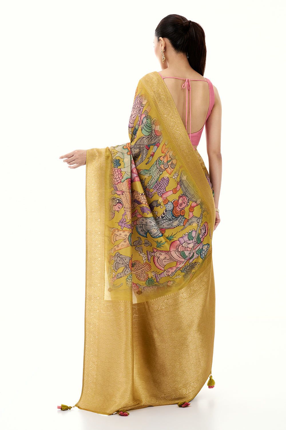 Multicolor Brocade Silk Saree with Madhubani Inspired Print