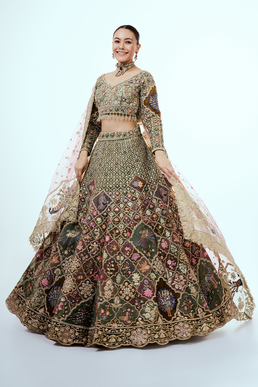 Multicolored Embellished Lehenga Set with Resham and Zari Embroidery