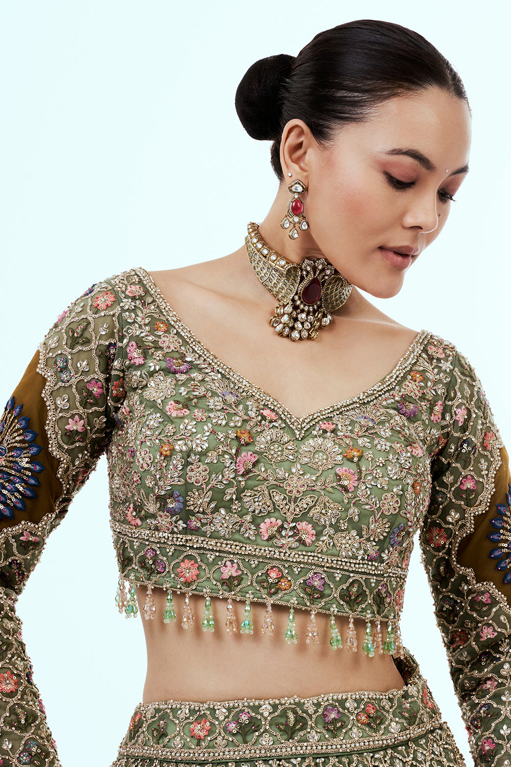 Multicolored Embellished Lehenga Set with Resham and Zari Embroidery