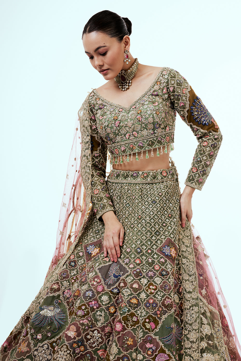 Multicolored Embellished Lehenga Set with Resham and Zari Embroidery
