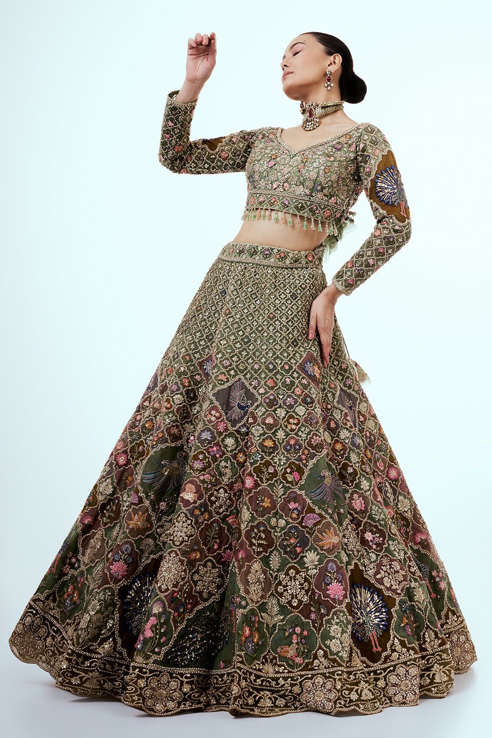 Multicolored Embellished Lehenga Set with Resham and Zari Embroidery