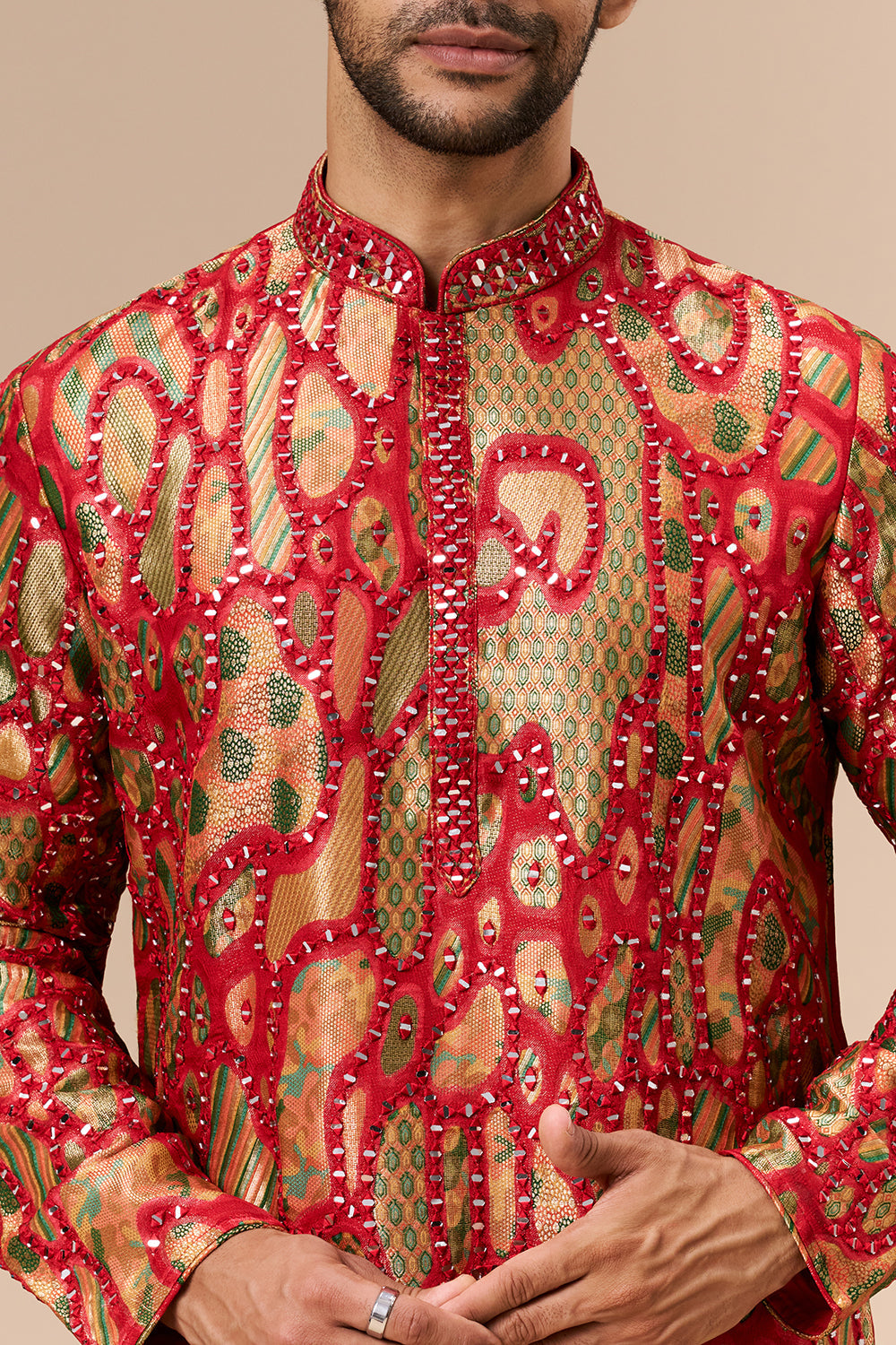 Multicolour Brocade Silk Mens Kurta Set with Mirror and Thread Work