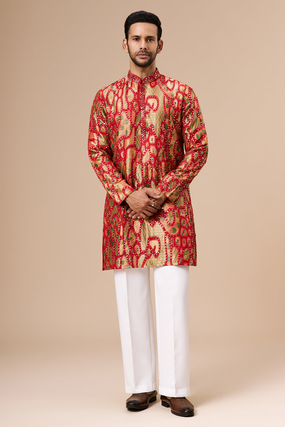 Multicolour Brocade Silk Mens Kurta Set with Mirror and Thread Work