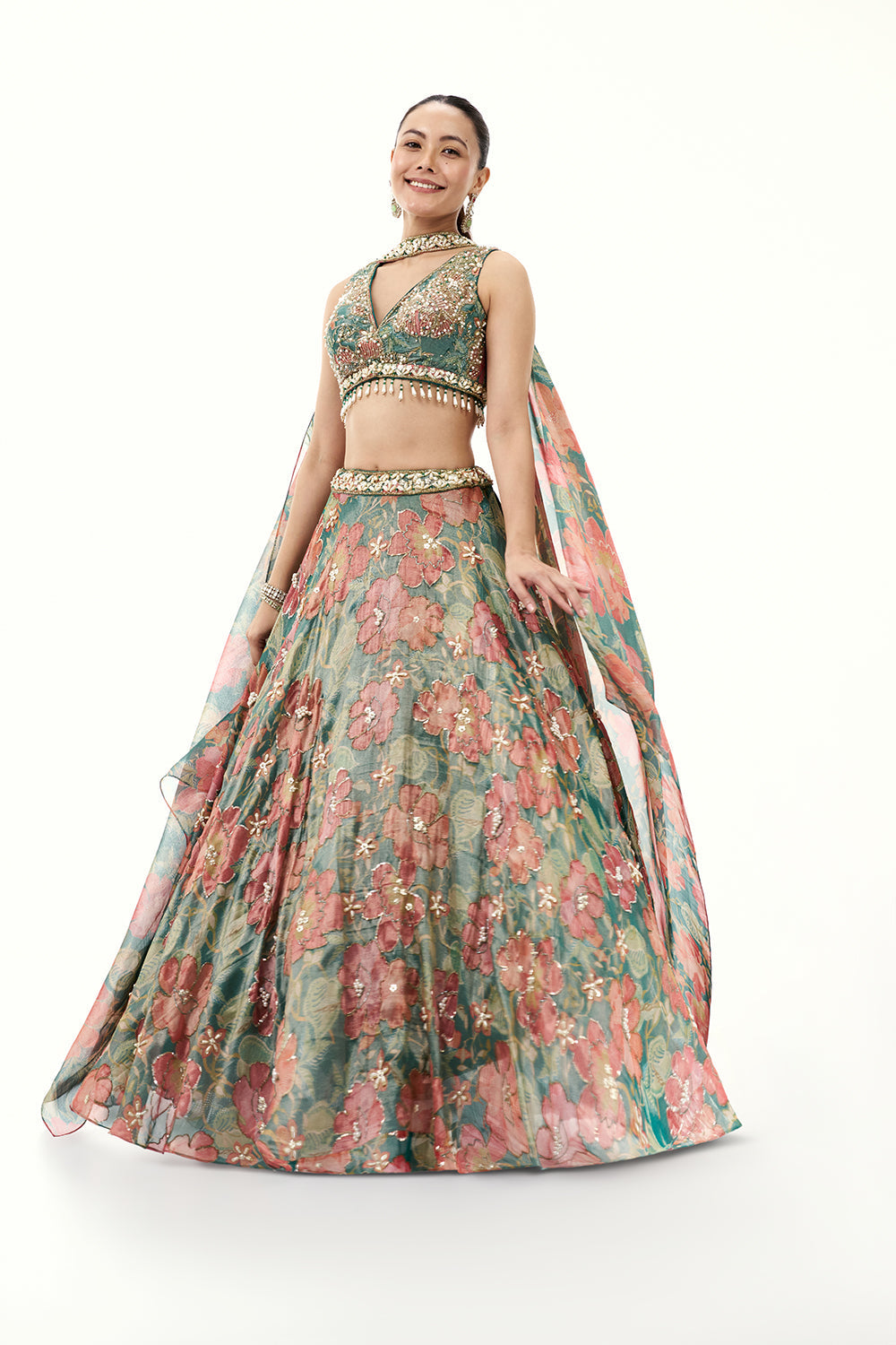 Multicolour Floral Print Tissue Lehenga with Moti Work