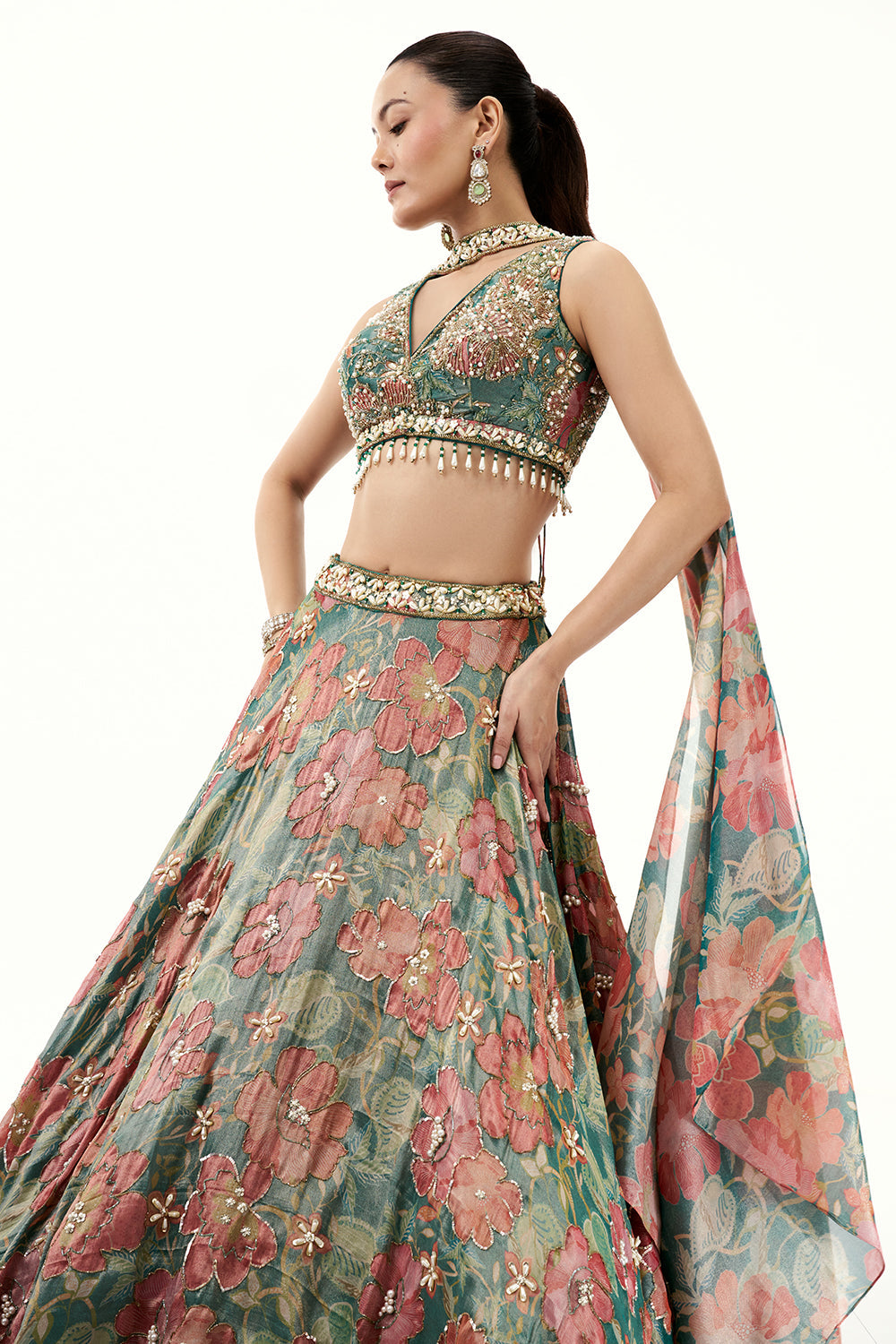 Multicolour Floral Print Tissue Lehenga with Moti Work
