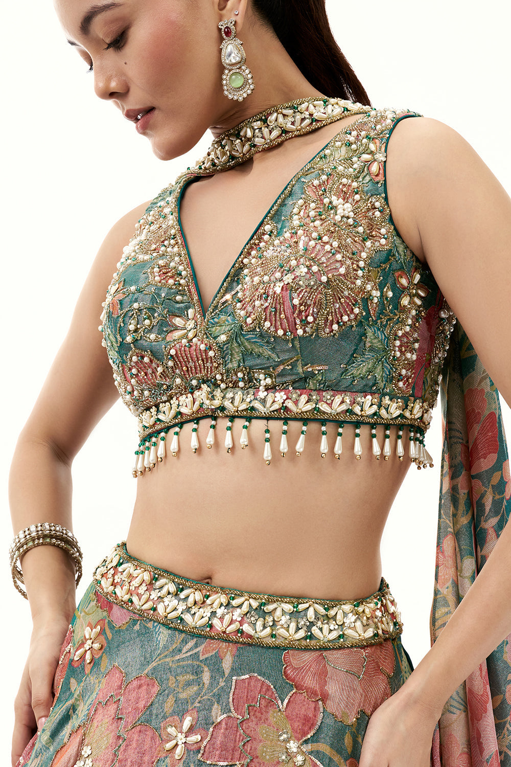 Multicolour Floral Print Tissue Lehenga with Moti Work