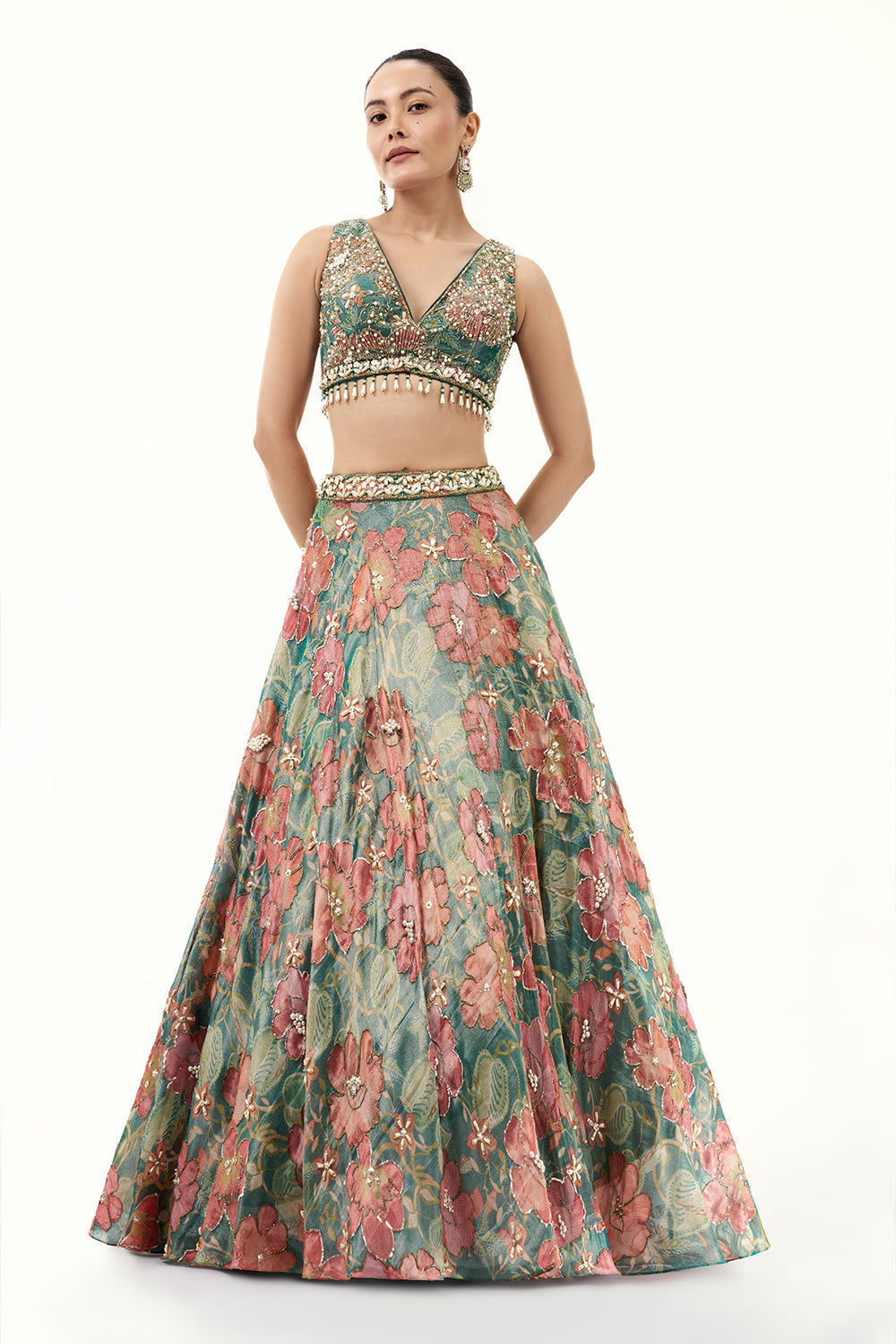 Multicolour Floral Print Tissue Lehenga with Moti Work