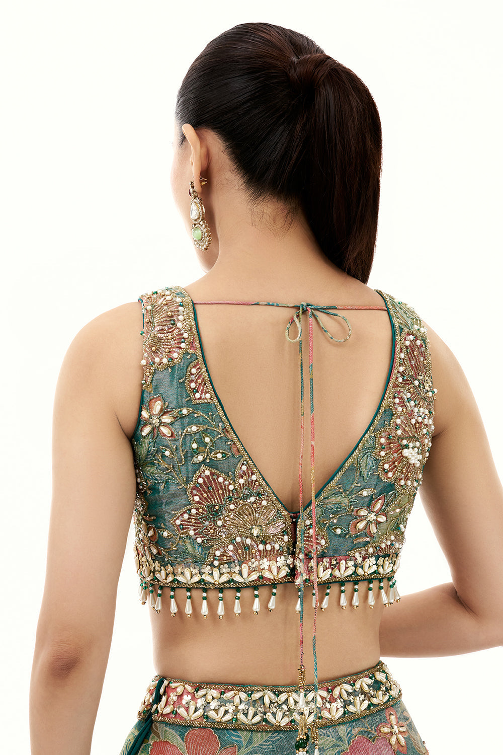 Multicolour Floral Print Tissue Lehenga with Moti Work