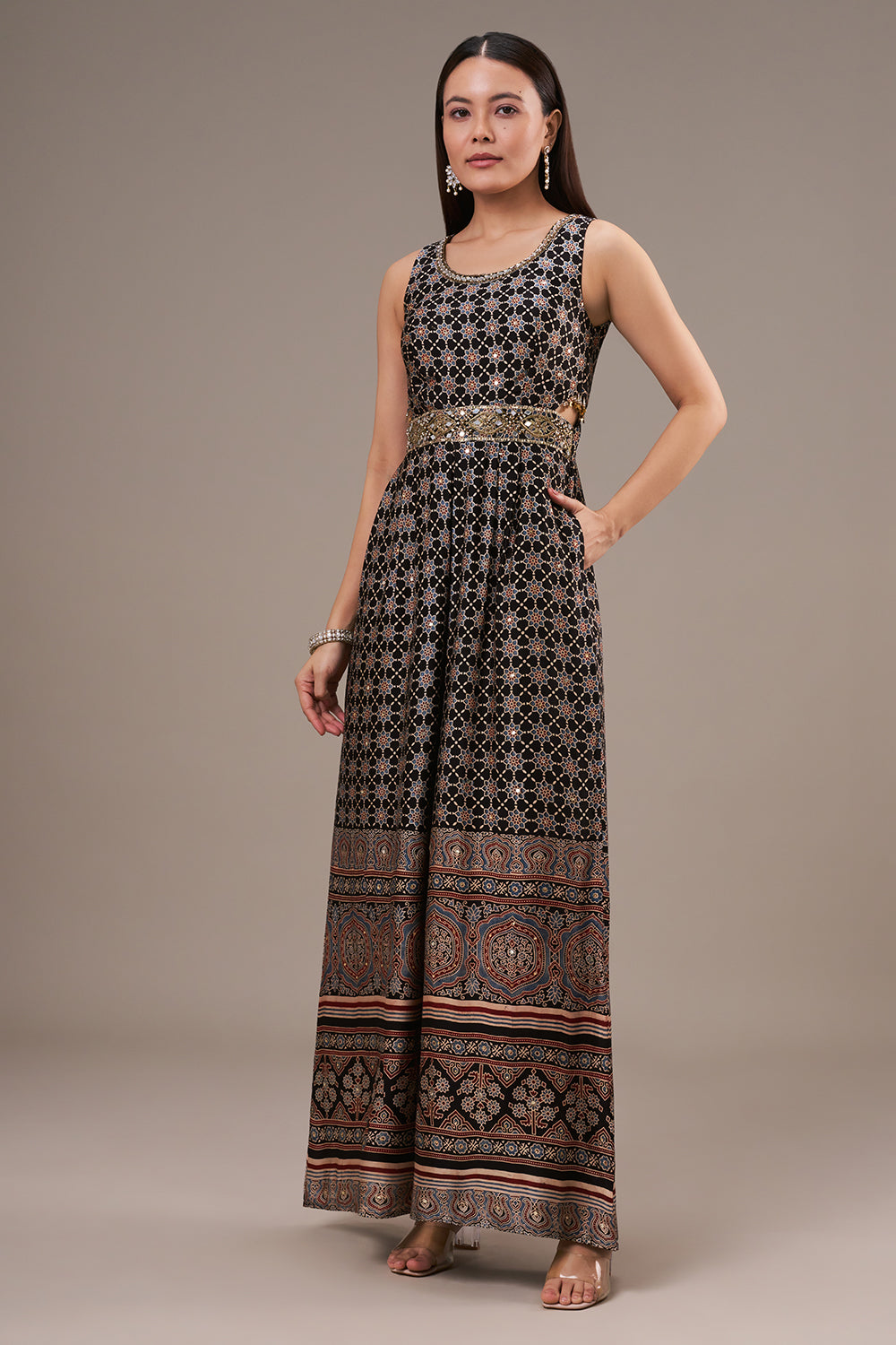 Multicolour Khadi Georgette Jumpsuit with Zardosi and Mirror Work
