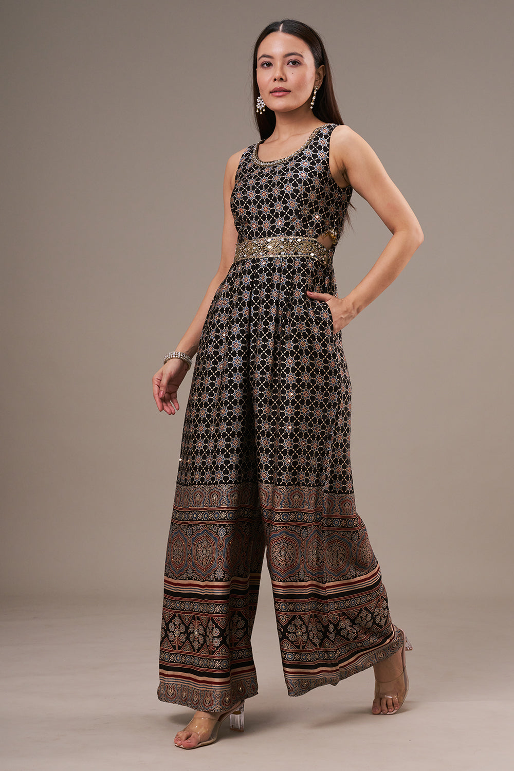 Multicolour Khadi Georgette Jumpsuit with Zardosi and Mirror Work