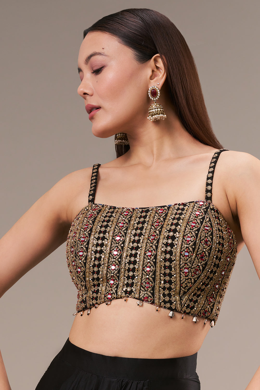 Multicolour Modal Drape Skirt Set with Zari and Mirror Work