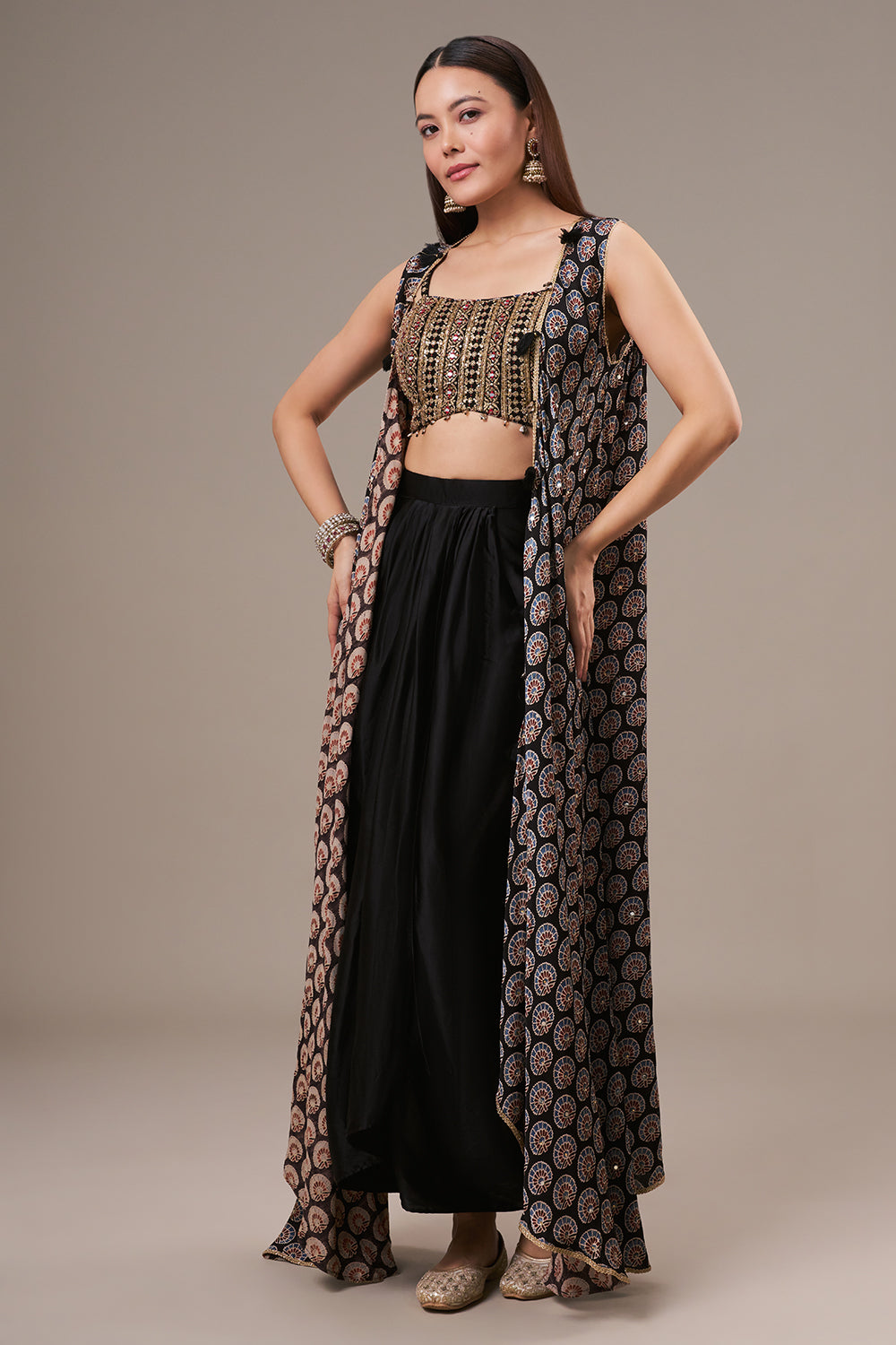 Multicolour Modal Drape Skirt Set with Zari and Mirror Work