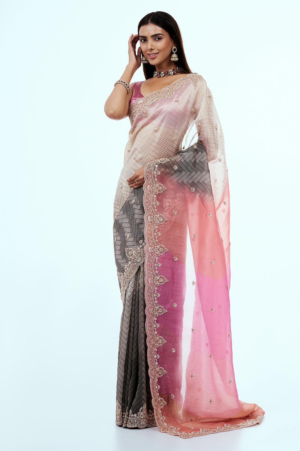 Multicolour Ombre Organza Saree with Butti Work
