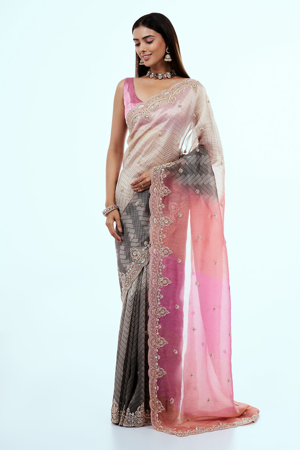 Multicolour Ombre Organza Saree with Butti Work