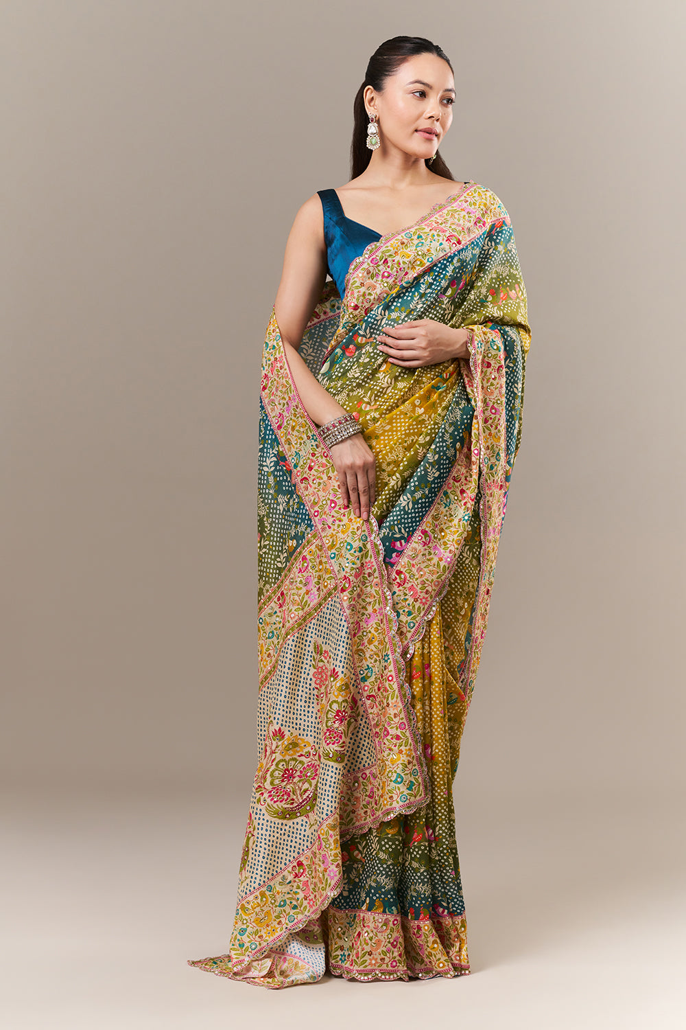 Multicolour Silk Printed Saree with Mirror and Zari Work