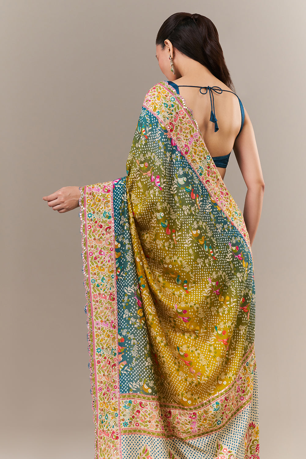 Multicolour Silk Printed Saree with Mirror and Zari Work