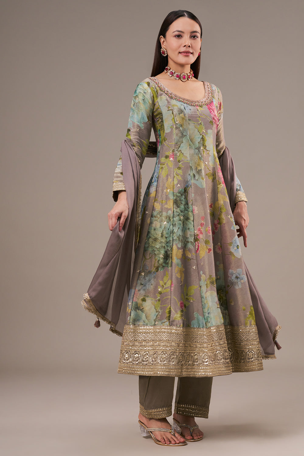 Multicolour Tissue Anarkali Suit with Zari and Mirror Work