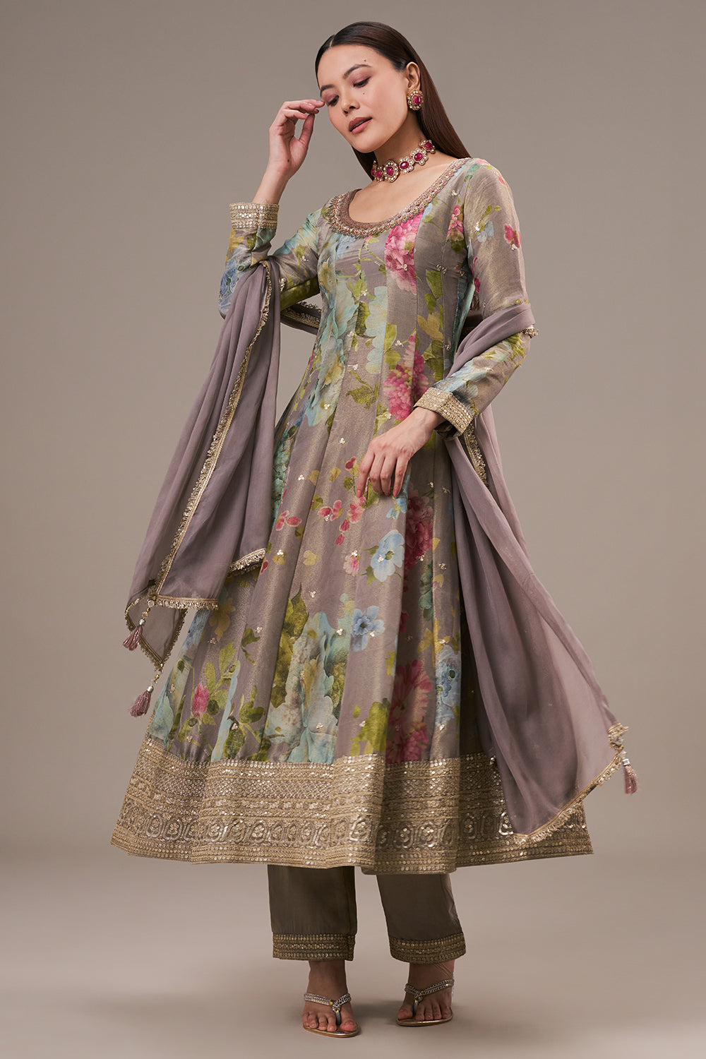 Multicolour Tissue Anarkali Suit with Zari and Mirror Work