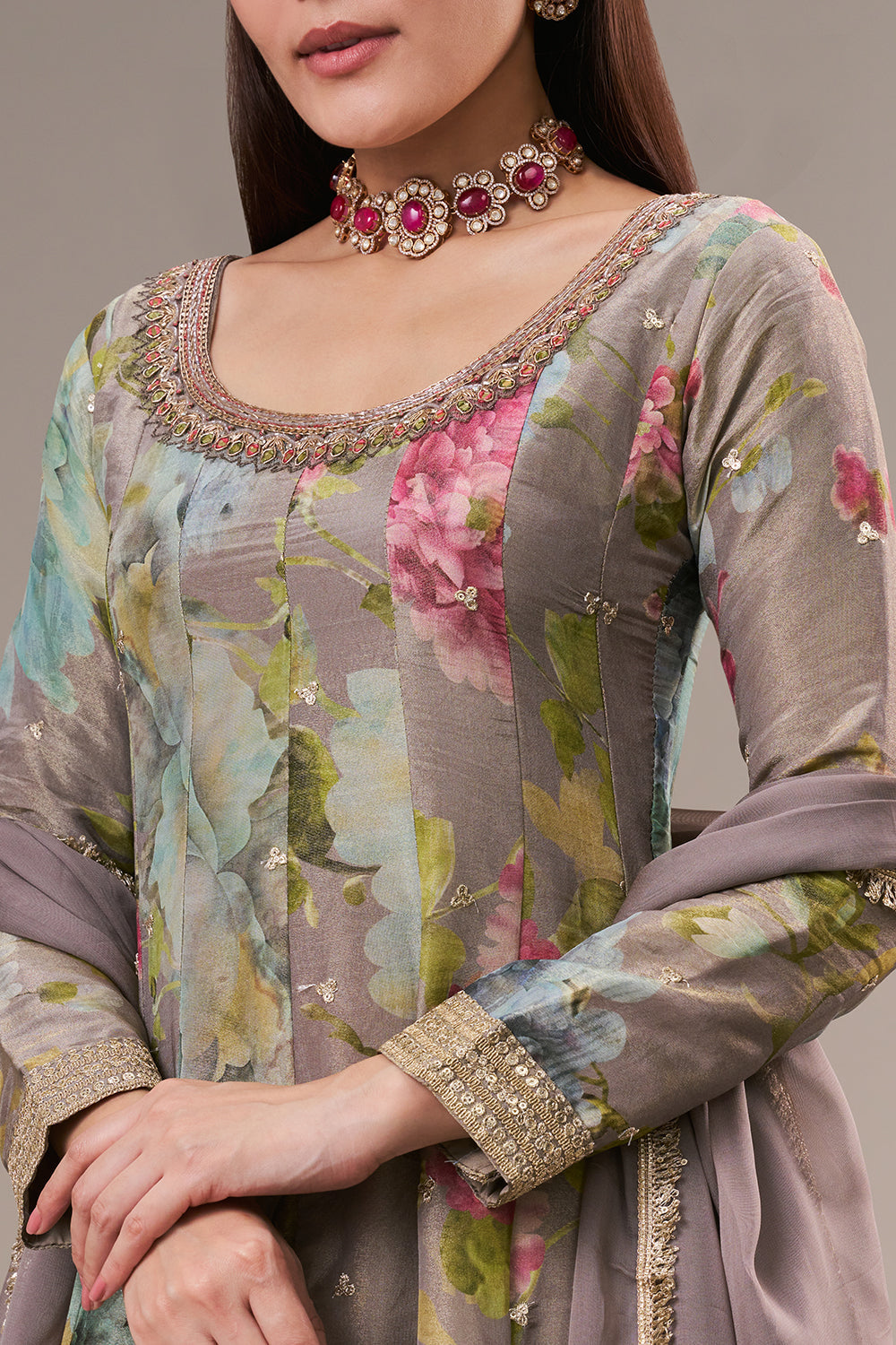 Multicolour Tissue Anarkali Suit with Zari and Mirror Work