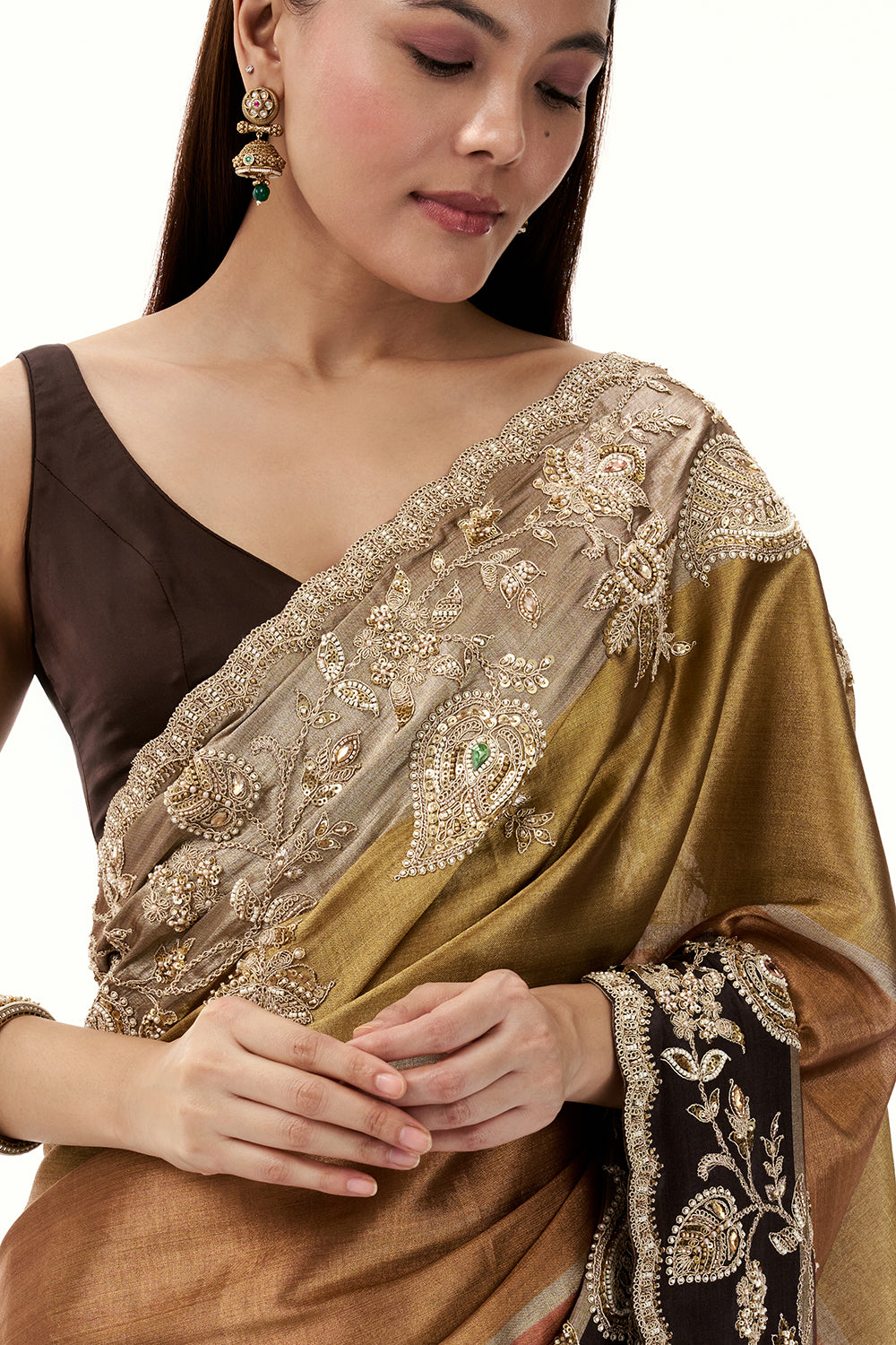 Multicolour Tissue Silk Saree with Zari and Bead Work