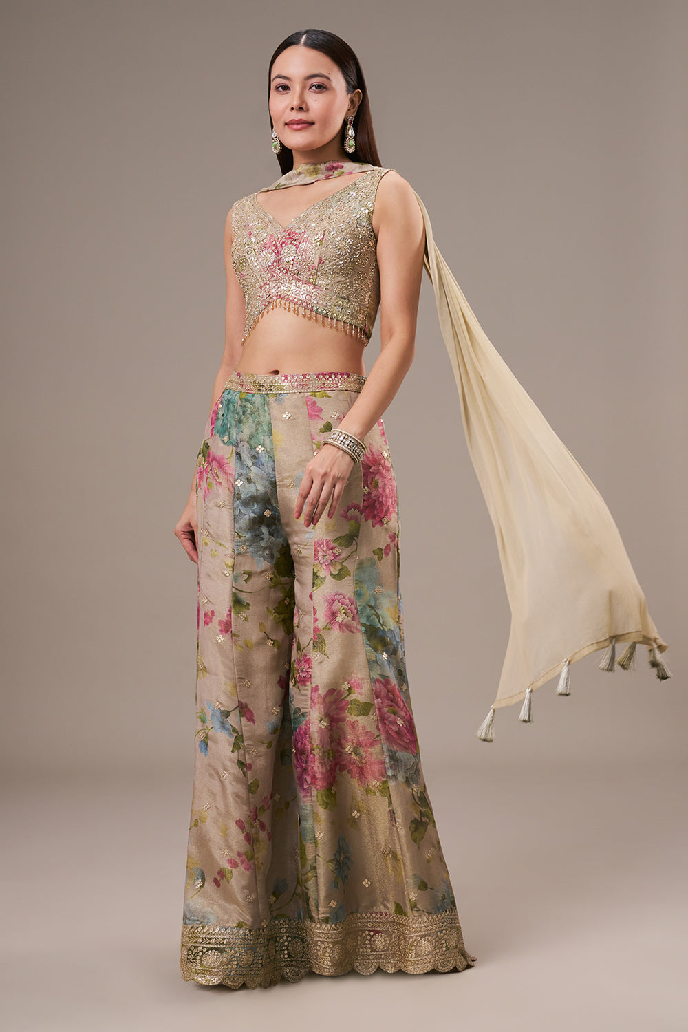Multicoloured Tissue Crop Top Palazzo Set with Sequin and Zari Work