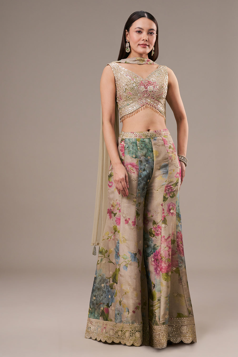 Multicoloured Tissue Crop Top Palazzo Set with Sequin and Zari Work