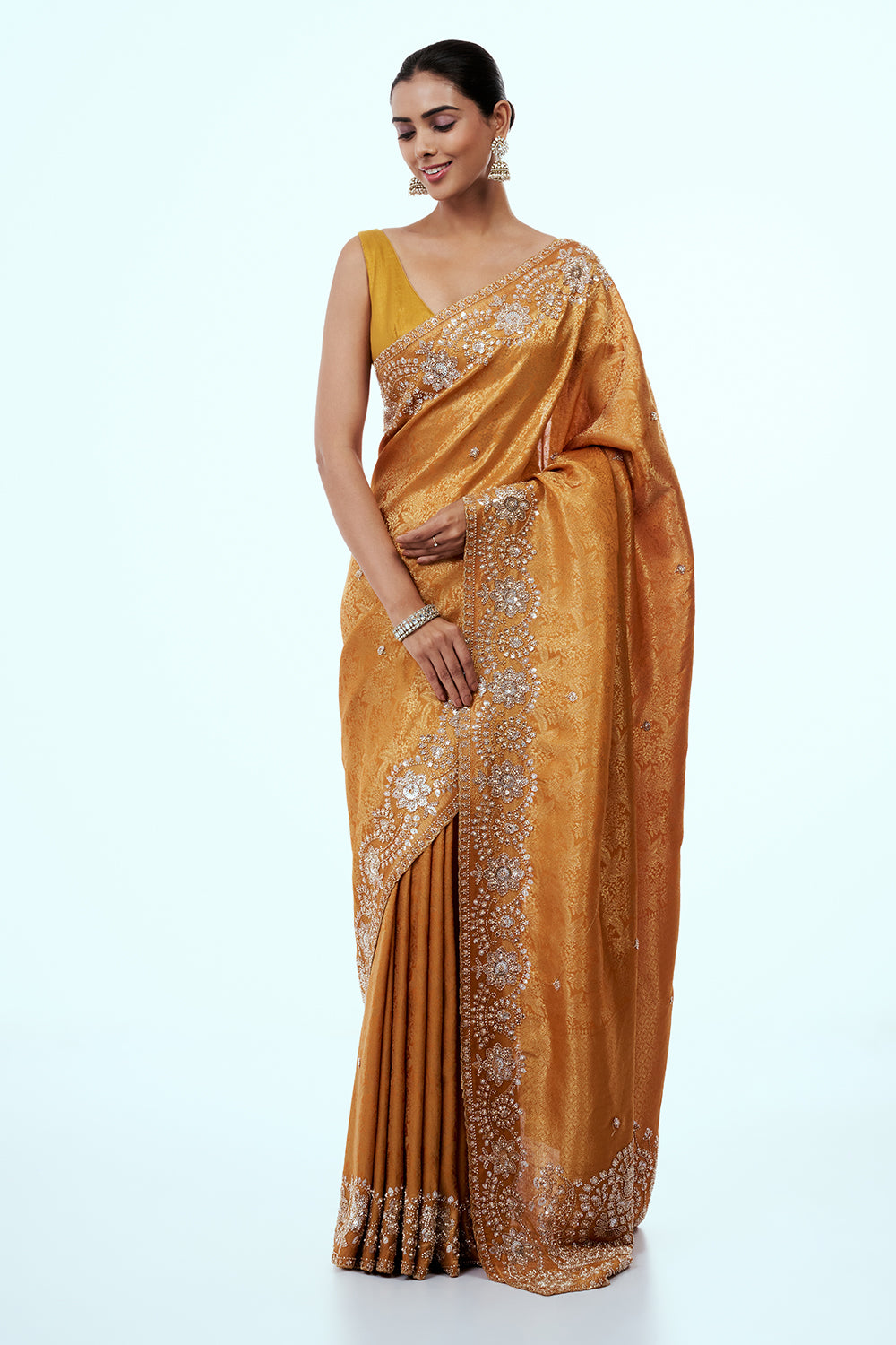 Mustard Brocade Silk Embellished Saree with Bead Work