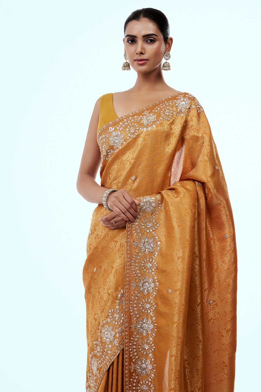 Mustard Brocade Silk Embellished Saree with Bead Work
